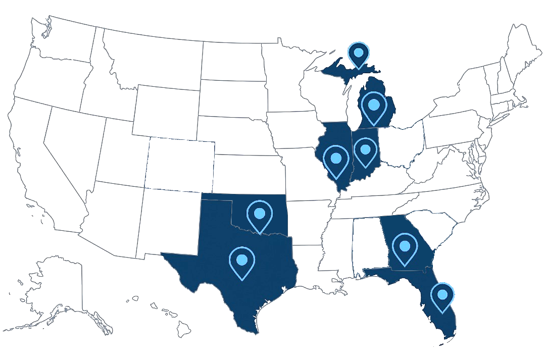 Map of USA showing service coverage